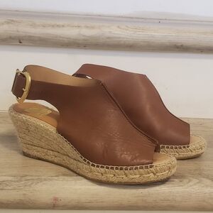 Kanna Womens sz 8 Wedge Brown Buckle Slingback Open Toe Leather Espadrille
